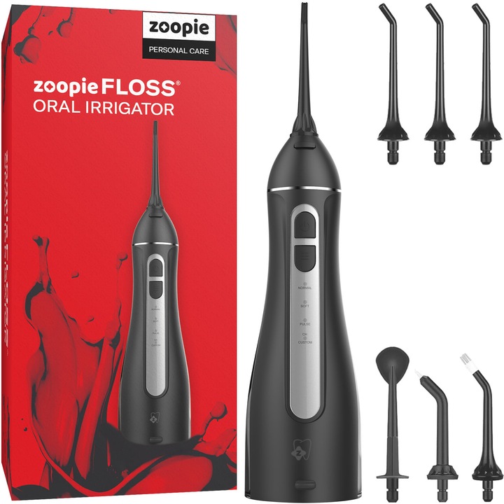 Irigator Bucal Portabil, Zoopie® FLOSS, Presiune dus 1400 pulsatii/min, 4 Programe, 8 Viteze, Rezervor 200ml, Protectie supraincalzire, Materiale non-toxice, 6 Capete, Negru