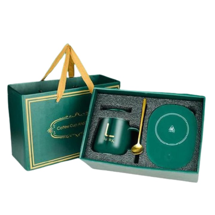 Set cadou cana ceramica cu baza incalzitor cu inductie, incarcare USB, suport cu incalzire smart, buton touch, functie auto-oprire, 400 ml, verde