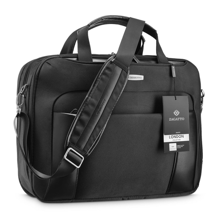 Geanta laptop, Zagatto, Negru, Business, Curea de umar si manere de transport, Extensibila, Buzunare exterioare pentru lucrurile esentiale, Atasabila valiza, Nylon/Poliester, geanta laptop 15.6 inch, 36x45x14 cm, LONDON, ZG109