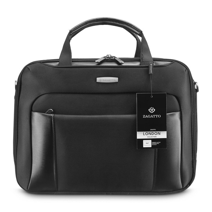 Geanta laptop, Zagatto, Neagra, Dimensiuni 33x43x5 cm, Impermeabila, Atasabila la troler, Bine organizata, Extensibila, Spatioasa, Captusita cu spuma antisoc, Curea detasabila si reglabila, Multifuntionala, Business, Casual, ZG109