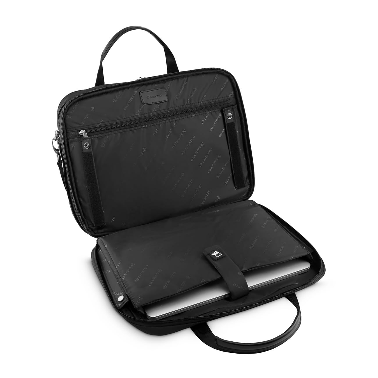 Geanta laptop, Zagatto, Neagra, Dimensiuni 33x43x5 cm, Impermeabila, Atasabila la troler, Bine organizata, Extensibila, Spatioasa, Captusita cu spuma antisoc, Curea detasabila si reglabila, Multifuntionala, Business, Casual, ZG109