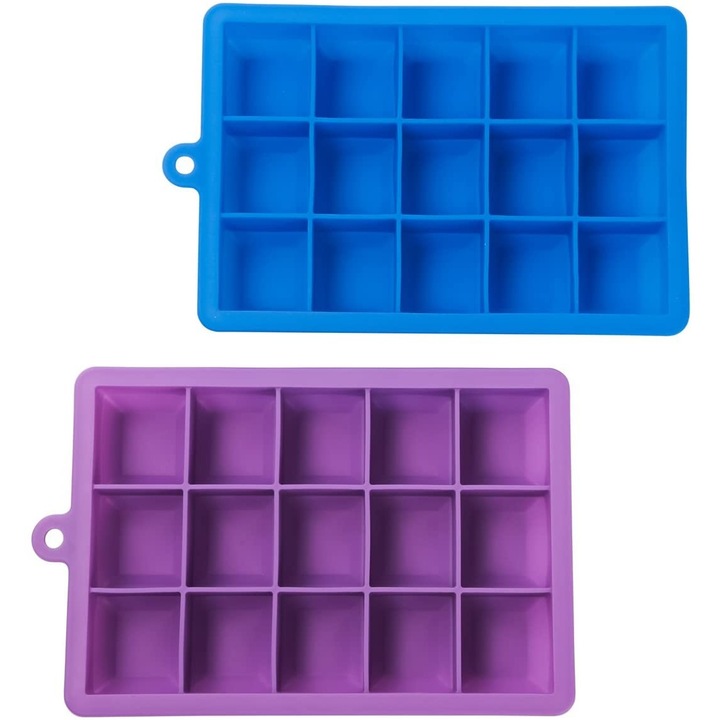 Комплект 2 формички за кубчета лед, Силикон, 15 отделения 30 мл, Синьо/Лилаво