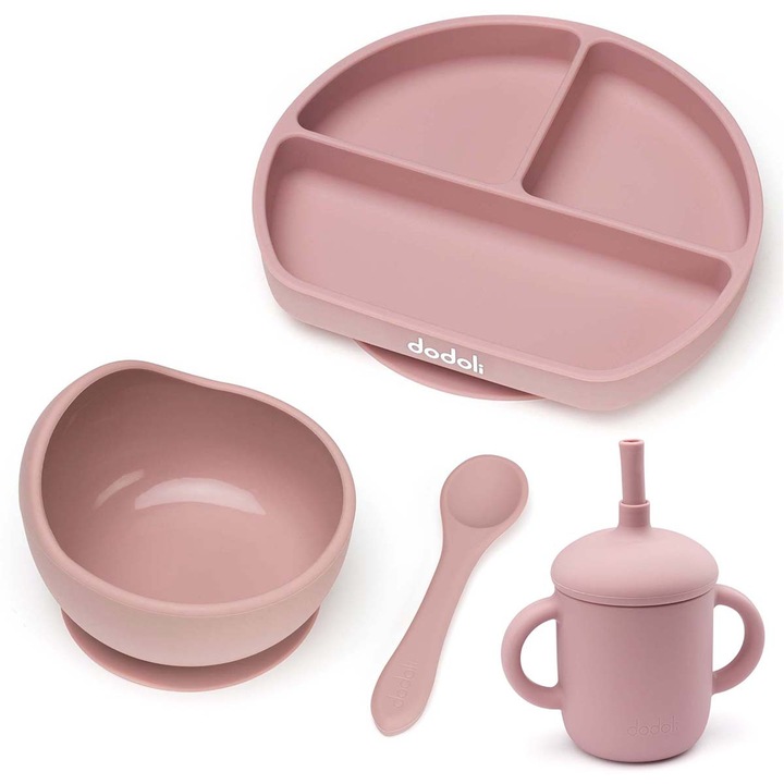 Set diversificare Dodoli din silicon pentru bebelusi cu bol, farfurie, lingurita, cana, Rosewood