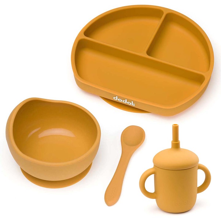 Set diversificare Dodoli din silicon pentru bebelusi cu bol, farfurie, lingurita, cana, Honey