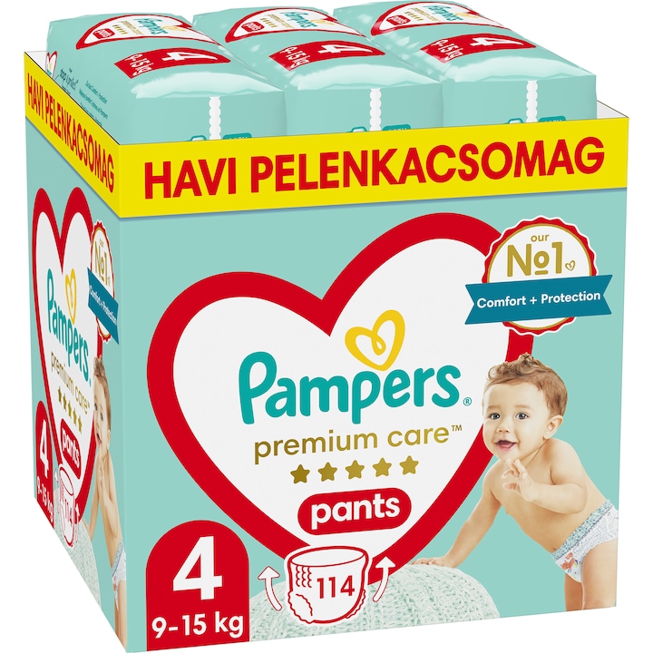 Pampers Premium Care Pants bugyipelenka, Maxi 4, 9-15 kg, havi pelenkacsomag, 114 db