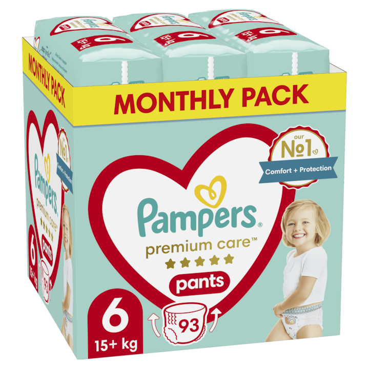 Pampers Premium Care Pants bugyipelenka, Junior+ 6, 15 kg+, havi pelenkacsomag, 93 db