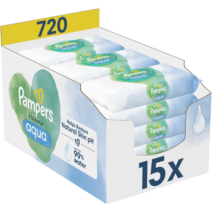 Мокри кърпички Pampers Harmonie Aqua, 0% пластмаса, 15 пакета x 48, 720 броя