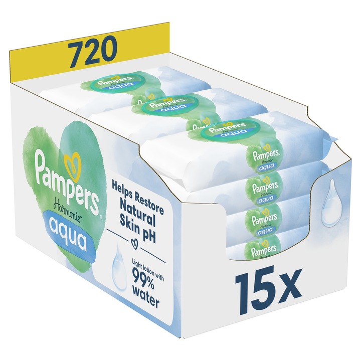Мокри кърпички Pampers Harmonie Aqua, 0% пластмаса, 15 пакета x 48, 720 броя