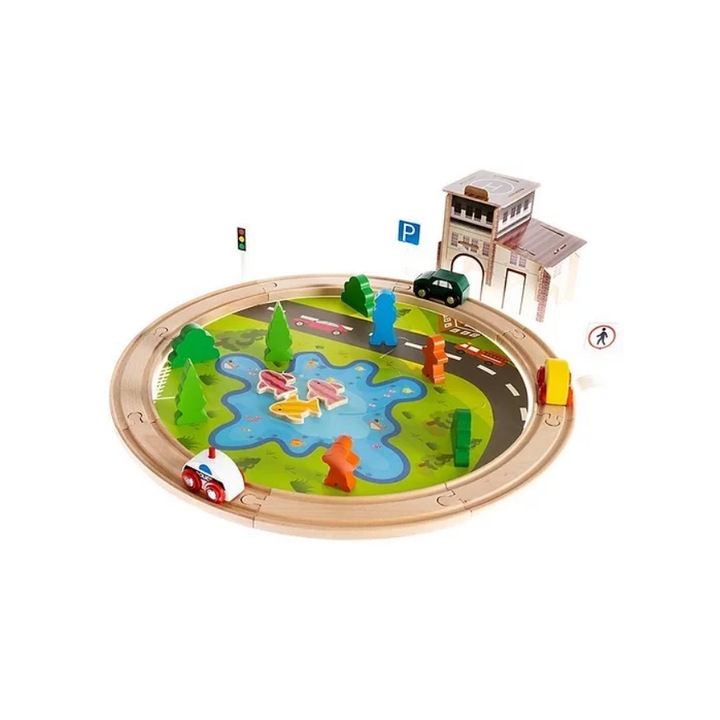 Set de joaca – Pista cu masinute, semne rutiere si accesorii, 40 de piese, Multicolor, 3 ani +, Smartic