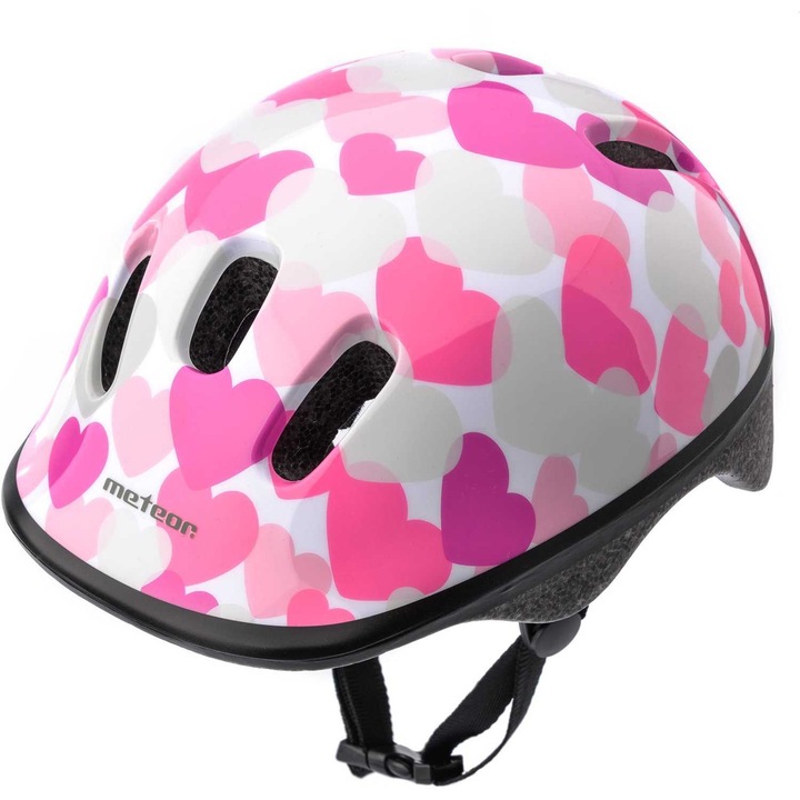 Casca Pentru Copii XS 44-48, Meteor, Pink Hearts, Model Cu Inimioare, Protectie Micuti, Usoara, Ajustabila, Siguranta Bicicleta, Design Adorabil, Interior Confortabil, Calitate Garantata