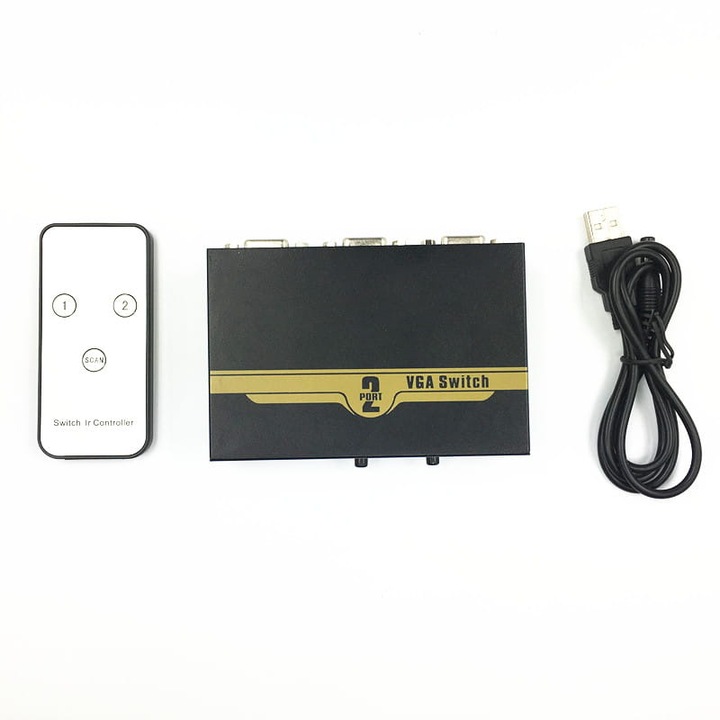 Превключвател, 2 x VGA - 1 x VGA, Дистанционно управление, 500 MHz, Черен/Златист
