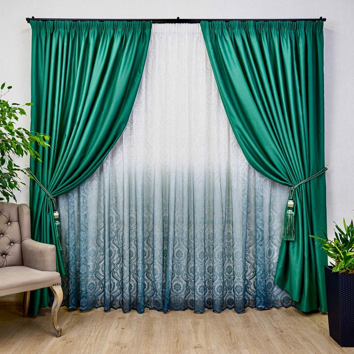Set 2 draperii opace, verde smarald Hiko Blackout 98%, 140x245cm, elegante pentru living, dormitor, hotel, izolare termica si fonica, decor modern, montaj usor, rejansa creion de 6.5cm