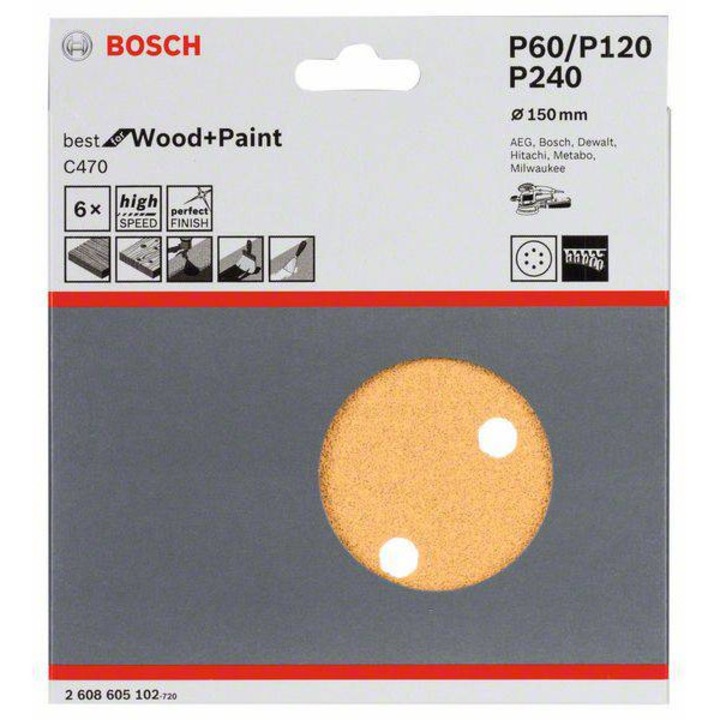 6 db csiszolólap készlet mérleggel, Bosch Best for Wood and Paint, 150mm, P60/P120/P240