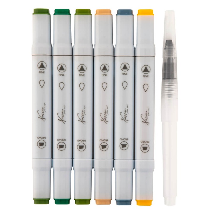 Set 6 markere acuarelabile si pensula cu rezervor Nassau Fine Art - tonuri verzi