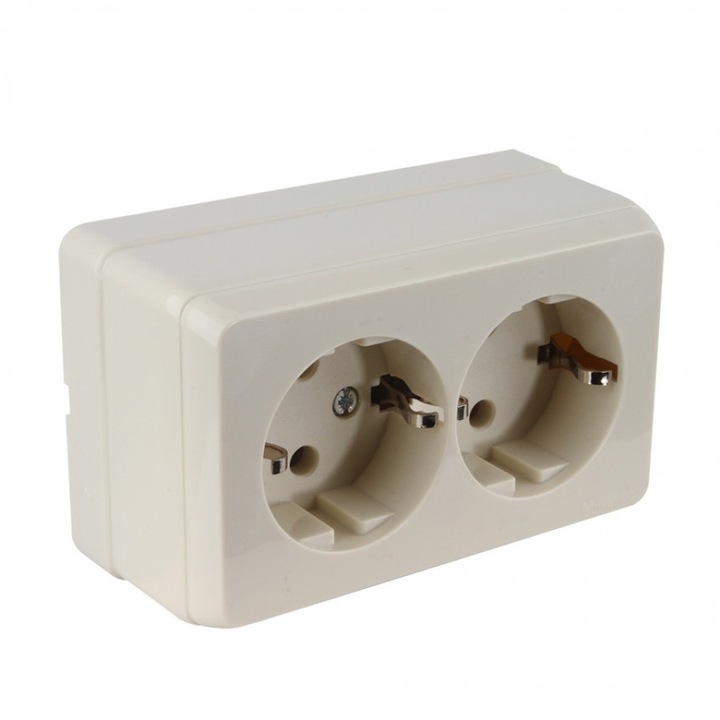 Priza dubla, Mutlusan, Plastic, Montare deschisa, IP 20, Crem
