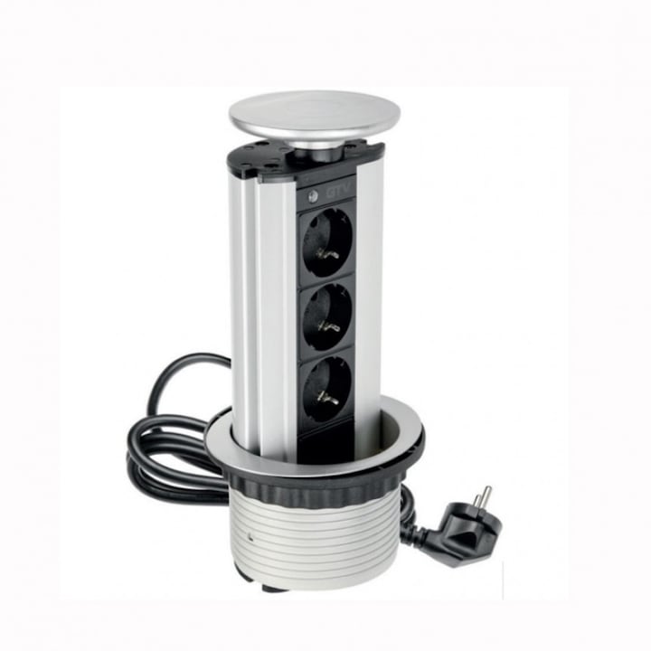 Контакт за вграждане в мебел GTV, 3 гнезда, 220V AC, 3600W, IP20, кабел 1,5м, Сив