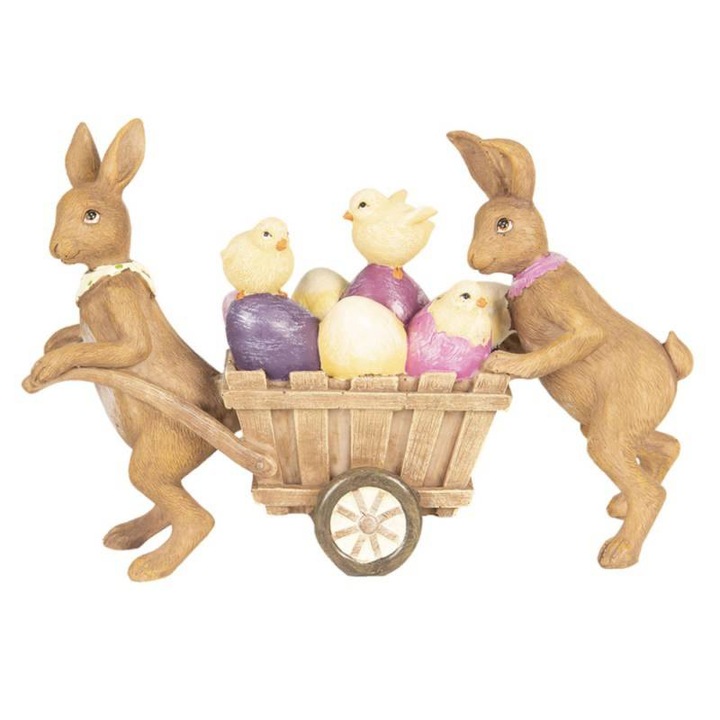 Великденски зайци с количка с яйца и пиленца 21х6х14см
