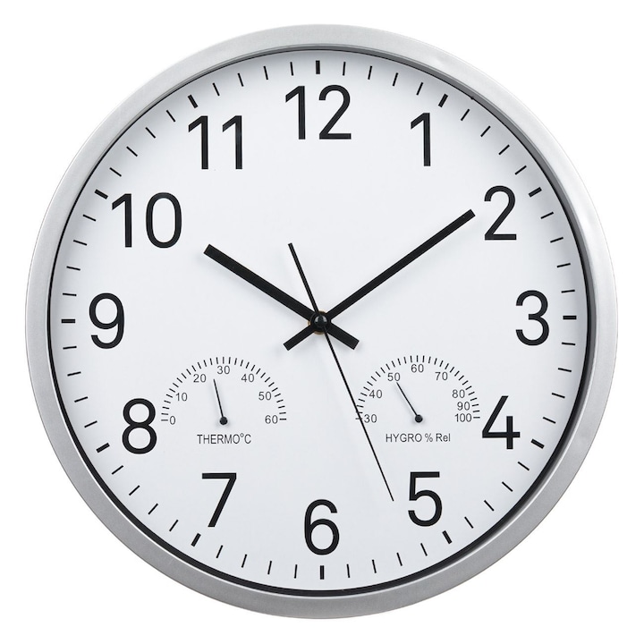 Стенен часовник Dimbo, Класически, С индикатор за температура и влажност, 34 см, Бял