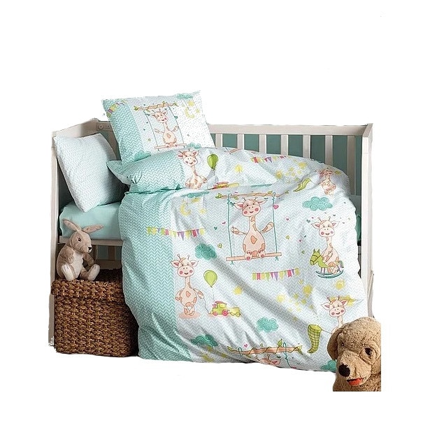 Lenjerie patut cu 6 piese Baby Ranforce Giraffe Green