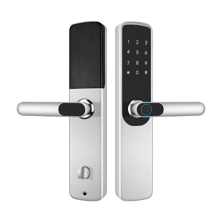 Incuietoare inteligenta DacEnergy©, material aliaj de aluminiu, deblocare amprenta senzor PFC/ digitala / aplicatie TTLOCK / TTHotel & Tuya / Smart Life / cod / card RFID / cheie, argintiu