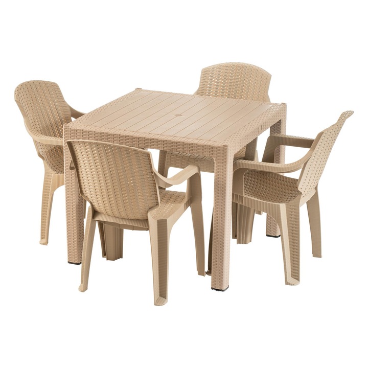 Set masa patrata Crilelmar, cu 4 scaune, pentru gradina, din plastic, model impletitura ratan, crem