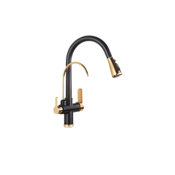 Смесител за кухня за плот, 3 функции за воден поток, черно-златен, с 2 крана и изтеглящ се душ, AquaSpa