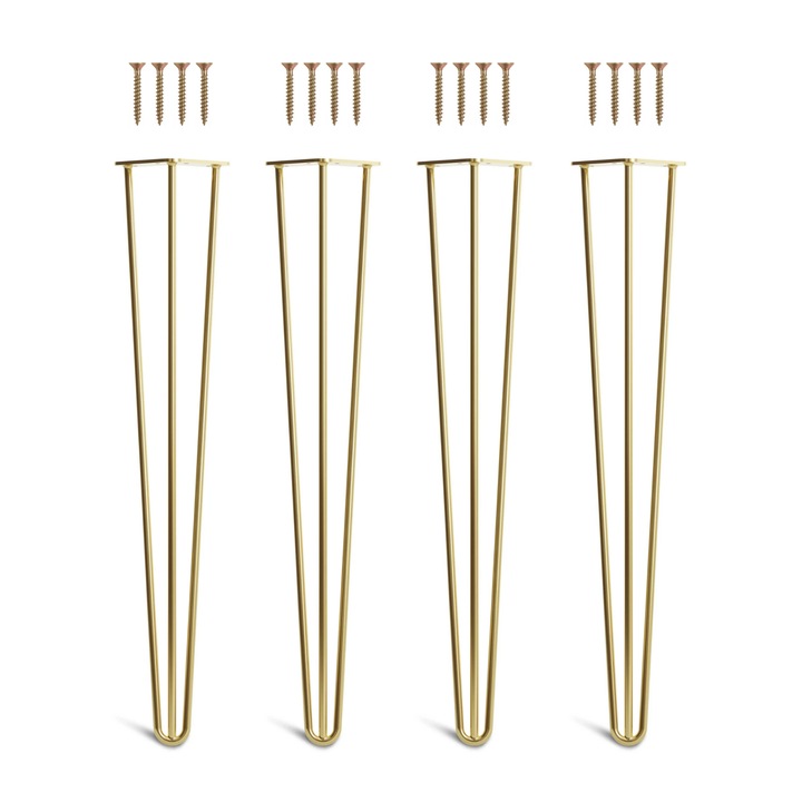 Set 4 picioare masa Hairpin, vopsite electrostatic, inaltime 71 cm, diametru profil 12 mm, 3 brate, otel, auriu, kit montaj inclus