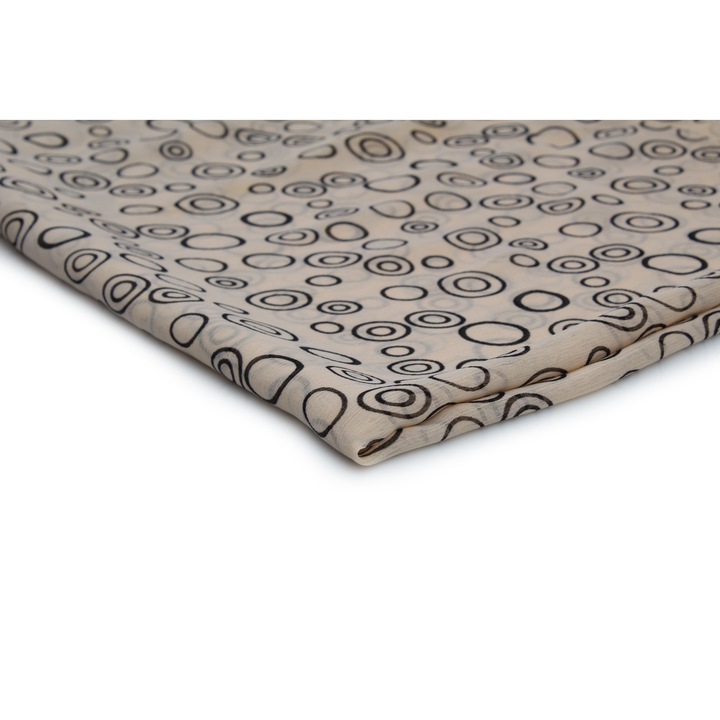 Material tesut, tip Sifon imprimat, modelul nr.15 Fundal bej deschis, cercuri negre, 50 cm x 150 cm