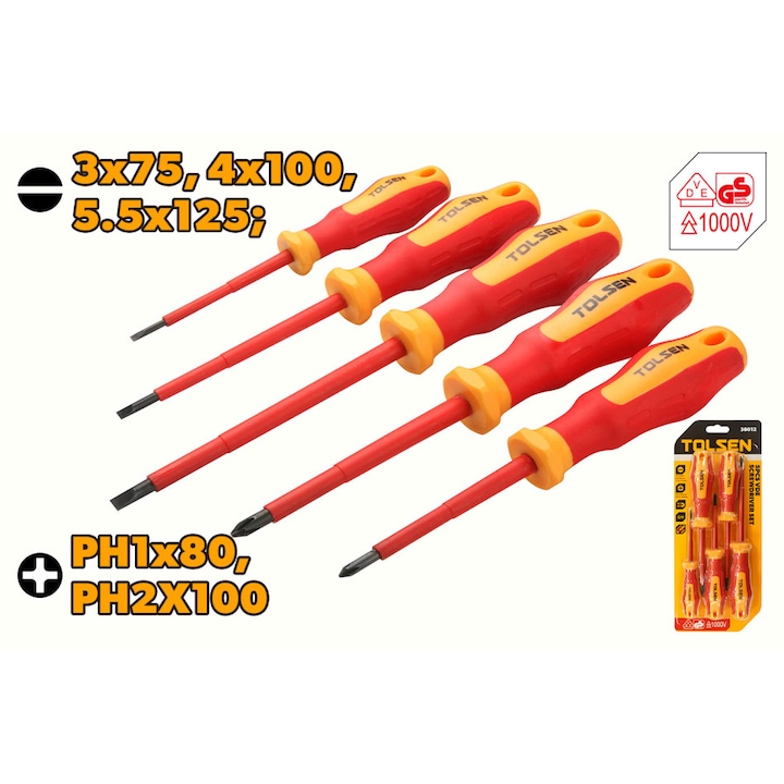 Set de 5 Surubelnite VDE Cr-V, 1000 V, Certificare VDE/GS, Maner Compozit, TOLSEN, 0.5 x 3 x 75 mm, 0.8 x 4 x 100 mm, 1.0 x 5.5 x 125 mm, PH1 x 80 mm, PH2 x 100 mm