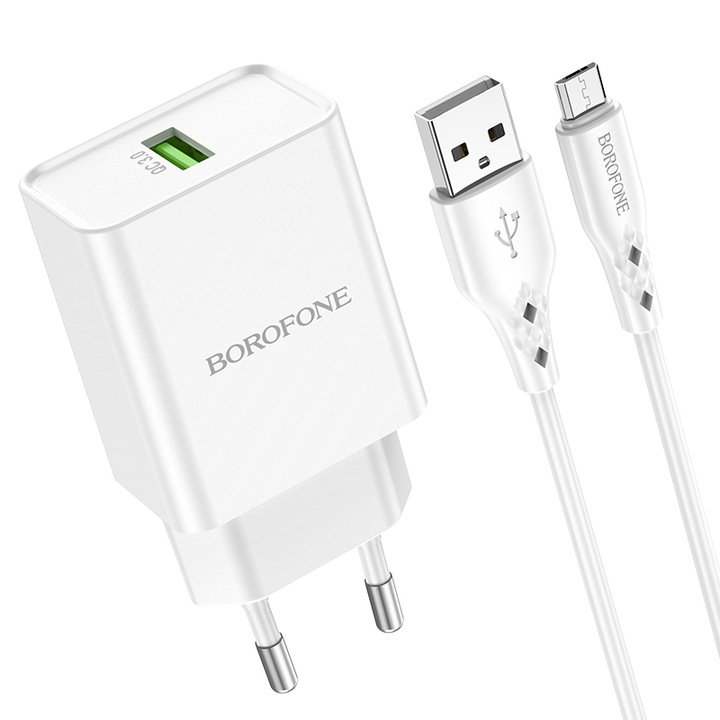 Borofone BN5 Sunlight Бяло мрежово зарядно устройство, QC 3.0, 18W, включен USB към MicroUSB кабел