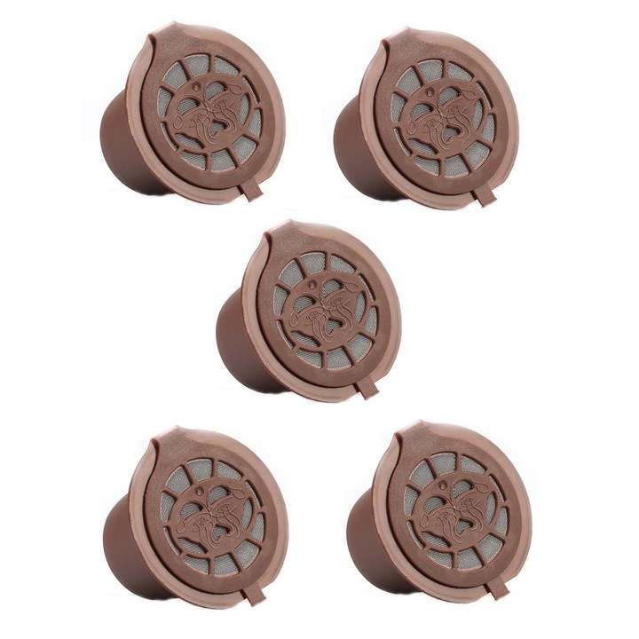 Set 5 Capsule cafea compatibil Nespresso, New Generation, reincarcabila/lavabila, capac maro/argintiu, Inox/plastic, culoare maro