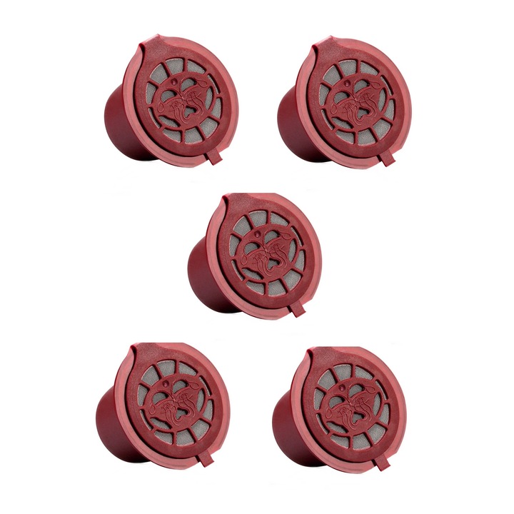 Set 5 Capsule cafea compatibil Nespresso, New Generation, reincarcabila/lavabila, capac maro/argintiu, Inox/ plastic, culoare rosu