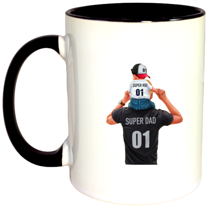 Cana personalizata cu interior colorat, negru, "Super dad, super kid", 330 ml