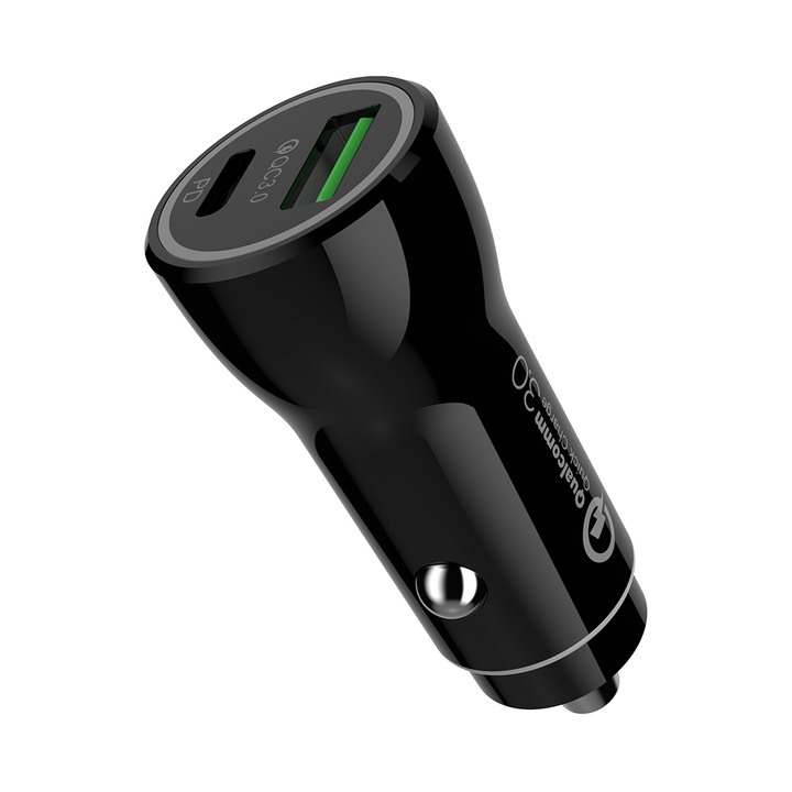 Incarcator auto Silicko, Quick Charge, 2 porturi USB si USB-C, 36W, Black
