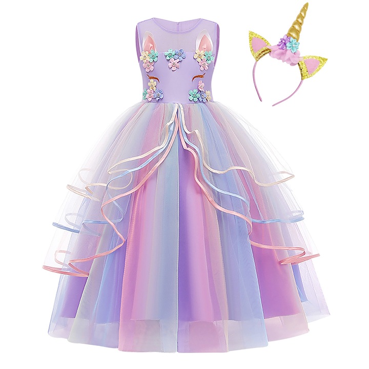 Rochie Unicorn, AmzBarley®, 3-4 ani, 110 cm, Halloween, Carnaval, Craciun, Paste, Ziua Copilului, Ziua Indragostitilor, Mov