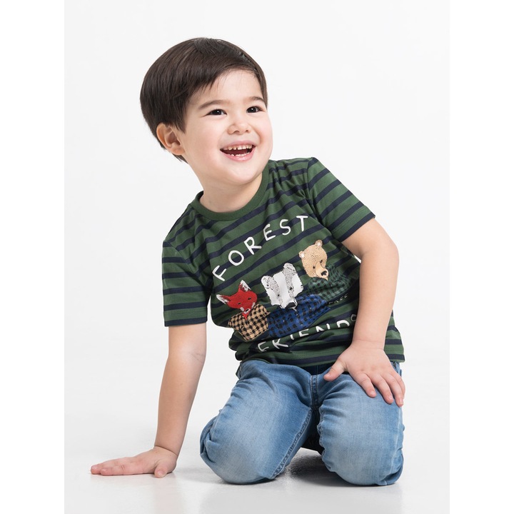 Csíkos gyerek póló állatmintás Cherubino, Khaki