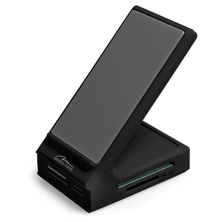 Четец на карти памет Media-tech MT5029 Mobile Combo, Стойка за телефон, USB 2.0 хъб, Черен