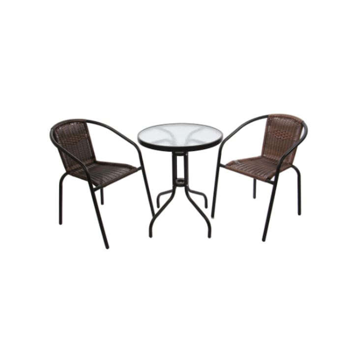 Комплект маса OMC 60 х 69.5 см с 2 стола от стомана, За градина, Кафяв