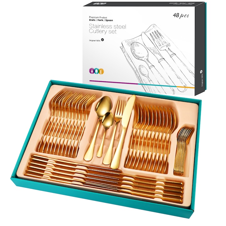 Комплект прибори за хранене TRENDY S, Неръждаема стомана, 48 части, Златист