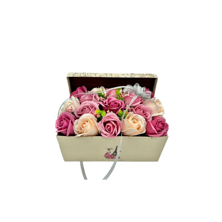Aranjament MIRA- 17 Trandafiri de sapun, Nuante de roz si crem, Cutie Paris, 25-30cm
