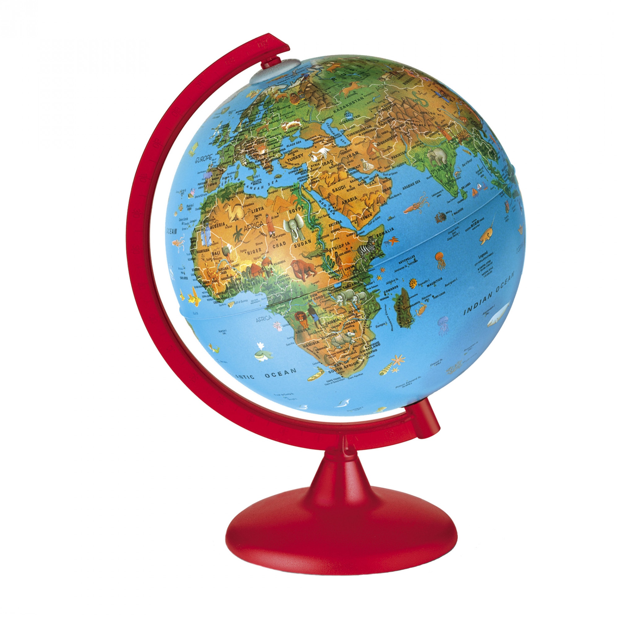 Glob iluminat Tecnodidattica Zoo 25, cu animale particulare fiecarei regiuni, harta fizica si politica in limba engleza, 25 cm