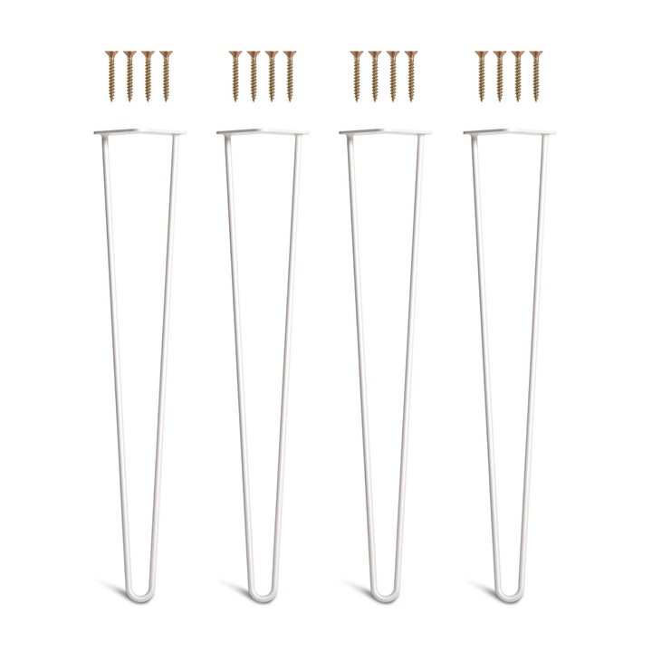 Set 4 picioare masa Hairpin, vopsite electrostatic, inaltime 72 cm, 2 brate, profil diametru 10 mm, otel, alb, kit montaj inclus