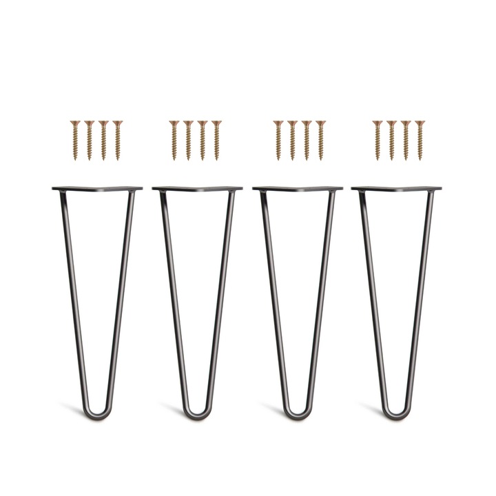 Set 4 picioare masa Hairpin, vopsite electrostatic, inaltime 35 cm, diametru profil 10 mm, 2 brate, otel, negru mat, kit montaj inclus