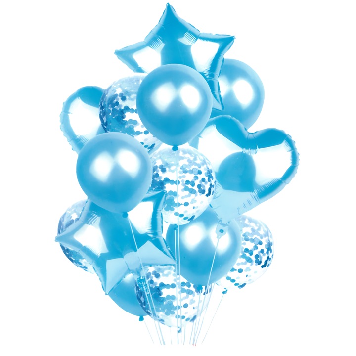 14 db parti fólia lufi készlet, kék színű
