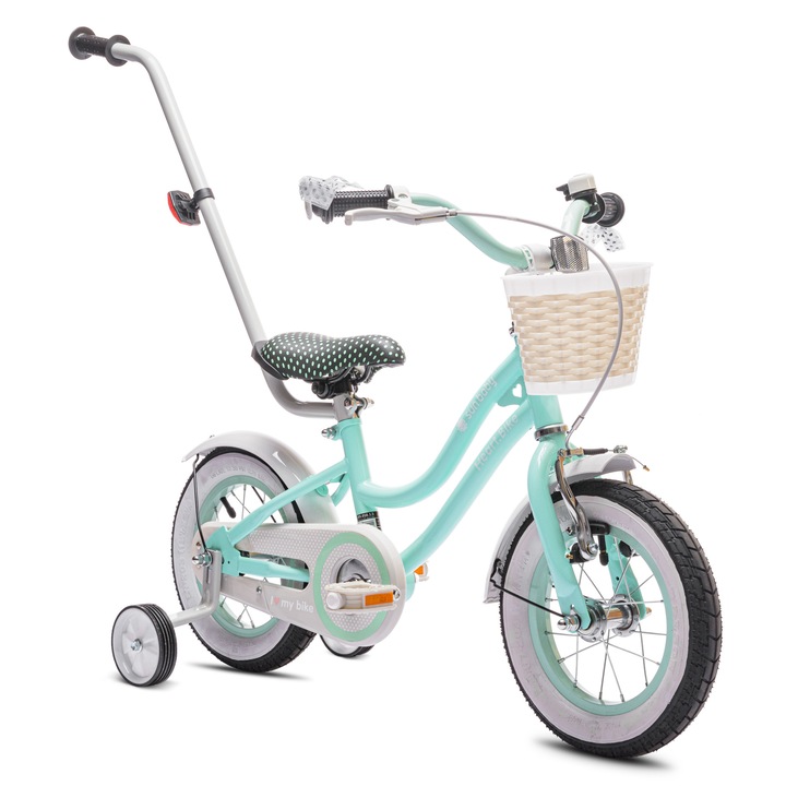Bicicleta pentru fetite, Sun Baby, Heart bike, 12 inch, 90x50x67cm, 2-4 ani, otel, Push bar, Roti laterale, Cos, menta