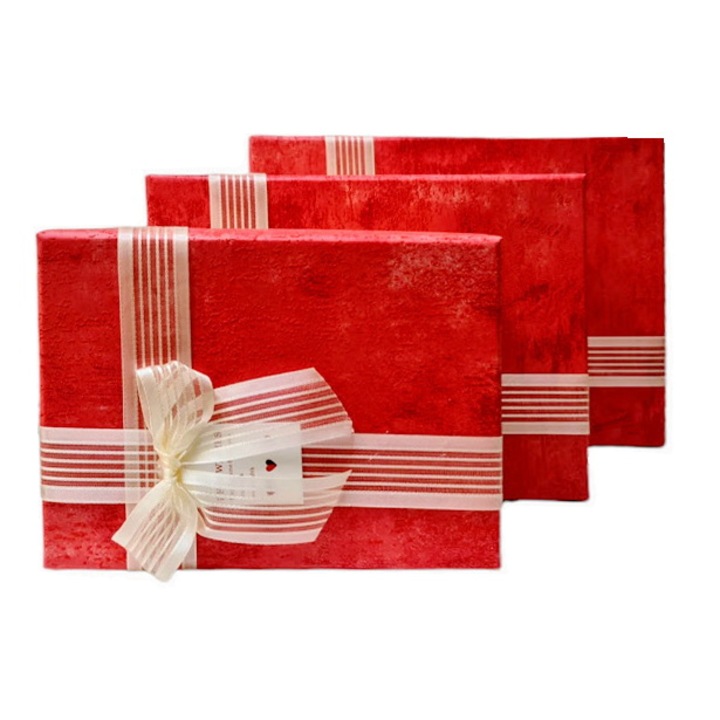 3 db téglalap alakú díszdoboz készlet, organza masni, bézs piros tetővel 17,5-22,5 cm