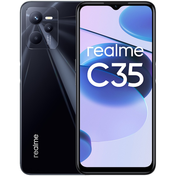 Realme C35 Mobiltelefon, Kártyafüggetlen, Dual SIM, 128GB, 4GB RAM, 4G, Fekete