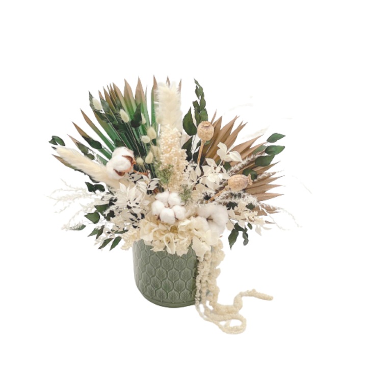 Aranjament flori conservate cu bumbac natural si frunze de palmier, tonuri neutre, inaltime 45 cm