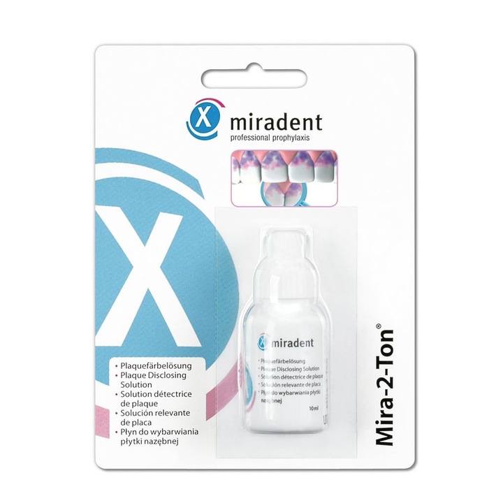 Miradent Mira-2-Ton Plakkfestő szájöblítő, lepedék színező, bakteriális plakk színező, 10 g, kék és lila pigment