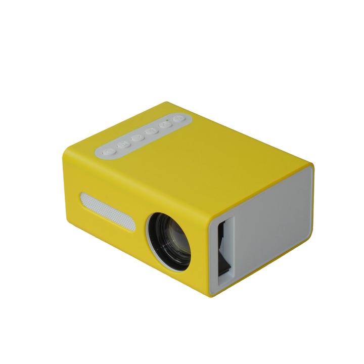 Mini Videoproiector SYNO, Full HD 1080p, Portabil, 12.5 x 8.5 x 4.5 cm, HDMI , USB, Modern, alb si galben